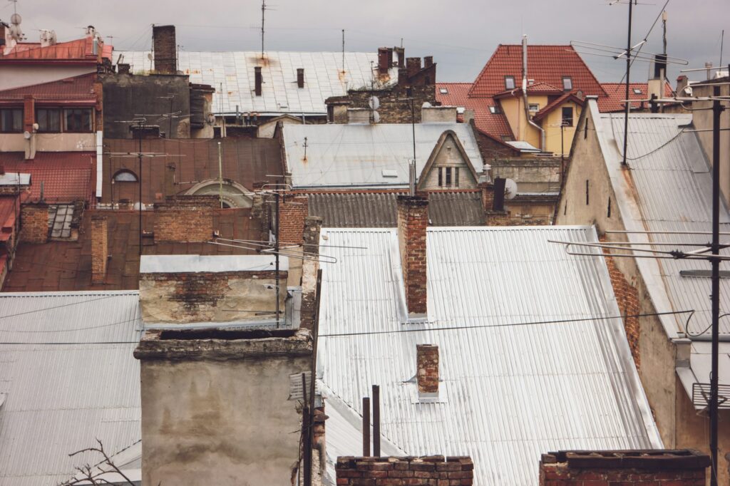 Antennas on rooftops.