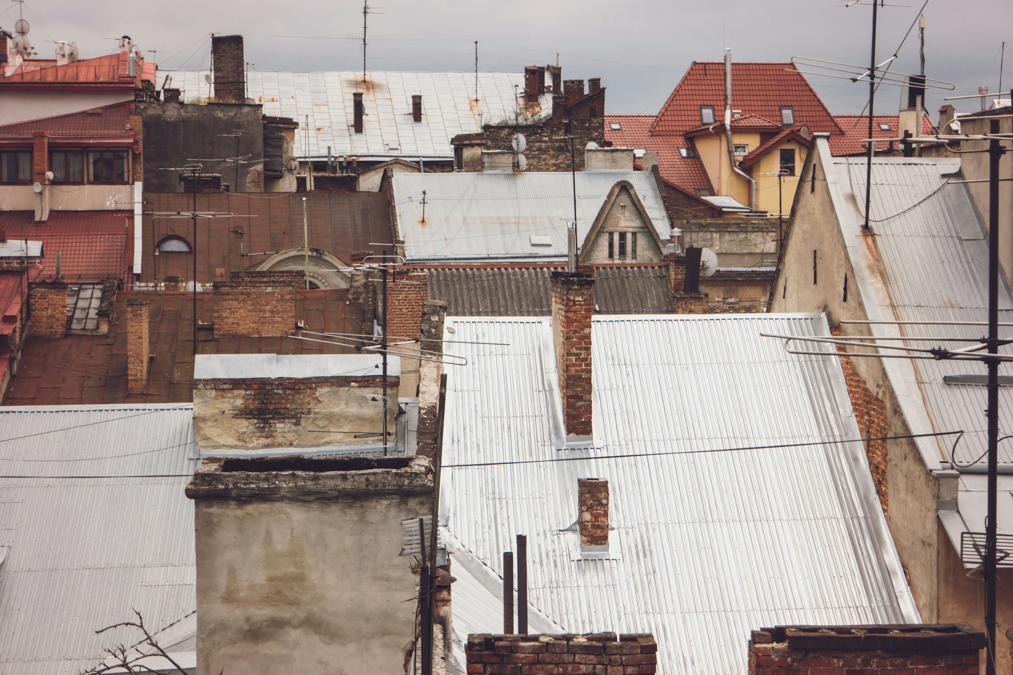 Antennas on rooftops.
